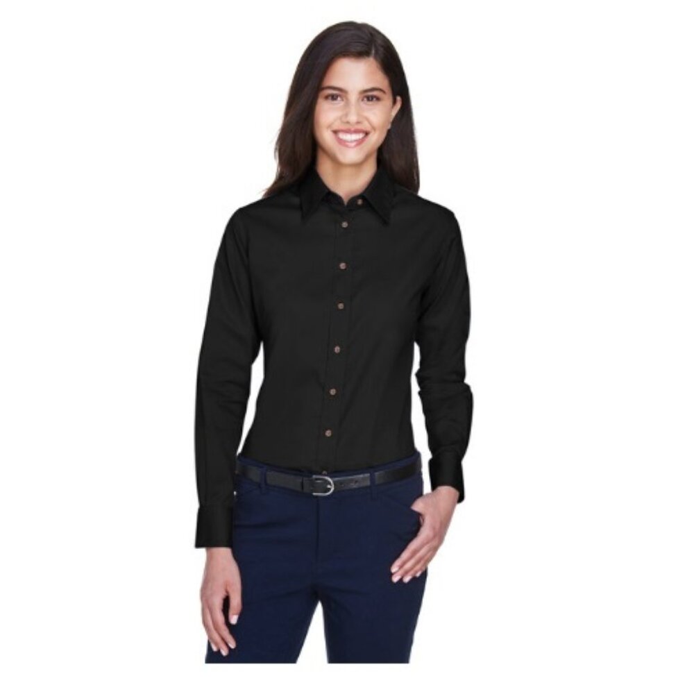 Harriton Black 2XL Women's Long Sleeve Twill Shirt with Stain Release